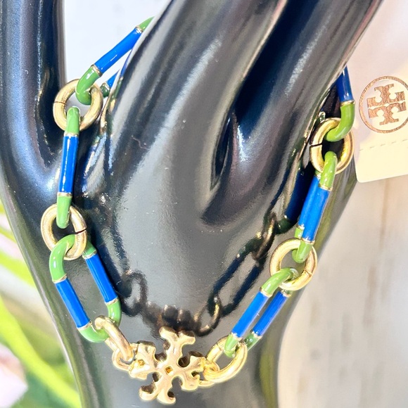 Tory Burch Roxanne Gold, Blue and Green Chain Bracelet NWT - Picture 2 of 7